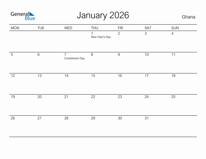 Printable January 2026 Calendar for Ghana