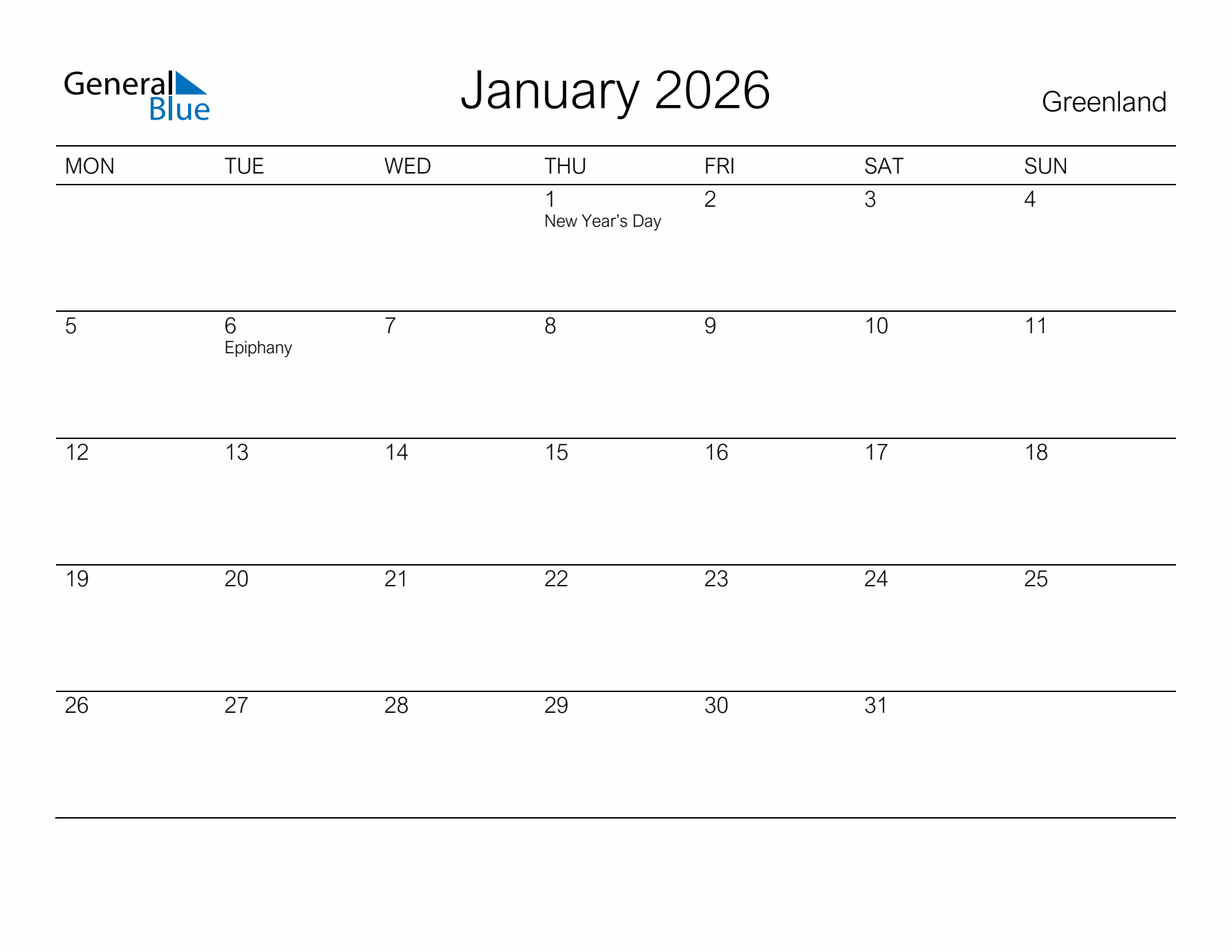 Printable January 2026 Calendar for Greenland