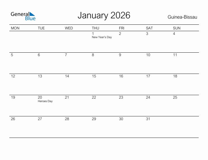 Printable January 2026 Calendar for Guinea-Bissau