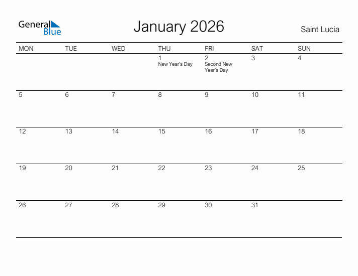 Printable January 2026 Calendar for Saint Lucia