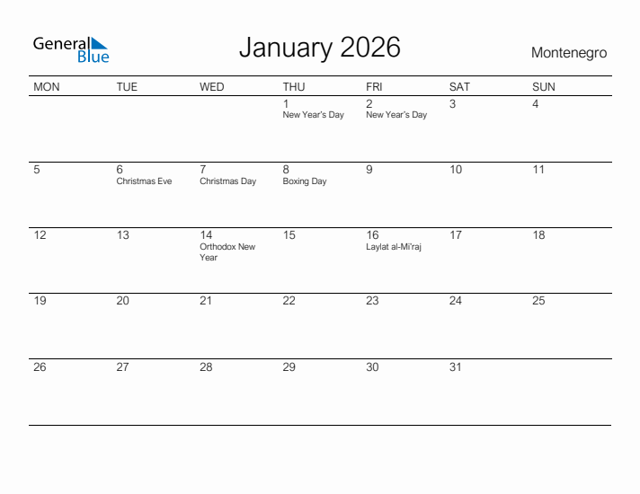 Printable January 2026 Calendar for Montenegro