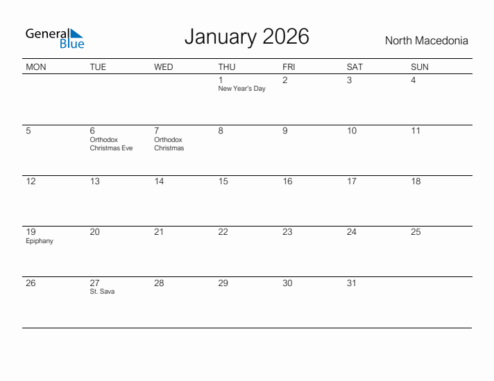 Printable January 2026 Calendar for North Macedonia
