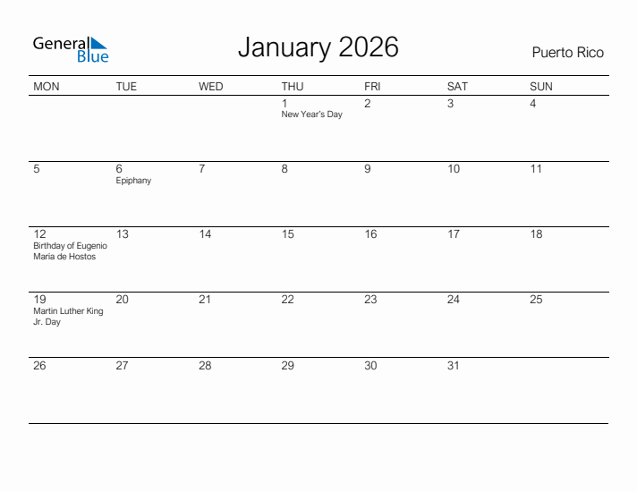 Printable January 2026 Calendar for Puerto Rico