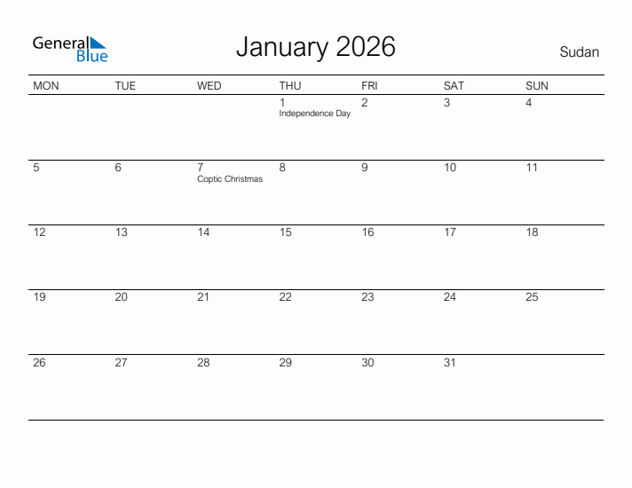 Printable January 2026 Calendar for Sudan