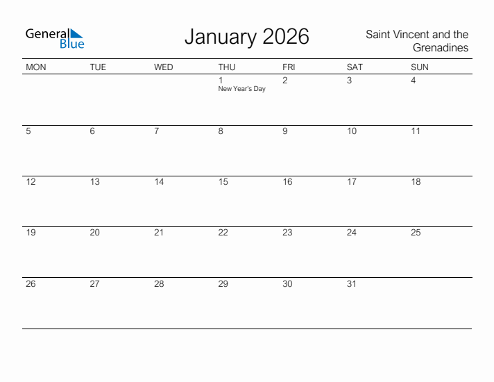Printable January 2026 Calendar for Saint Vincent and the Grenadines