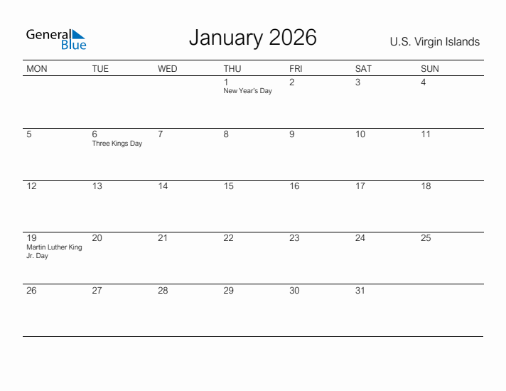 Printable January 2026 Calendar for U.S. Virgin Islands