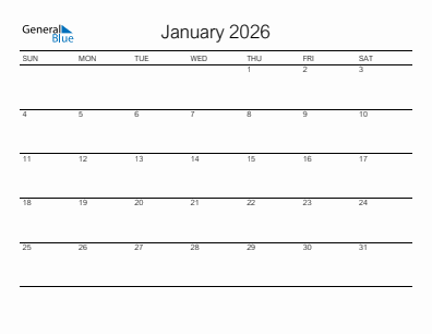 Next month calendar January 2026