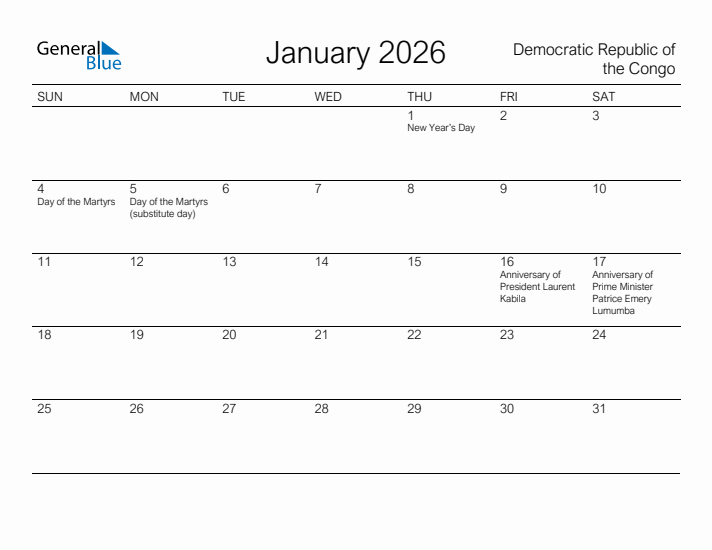 Printable January 2026 Calendar for Democratic Republic of the Congo