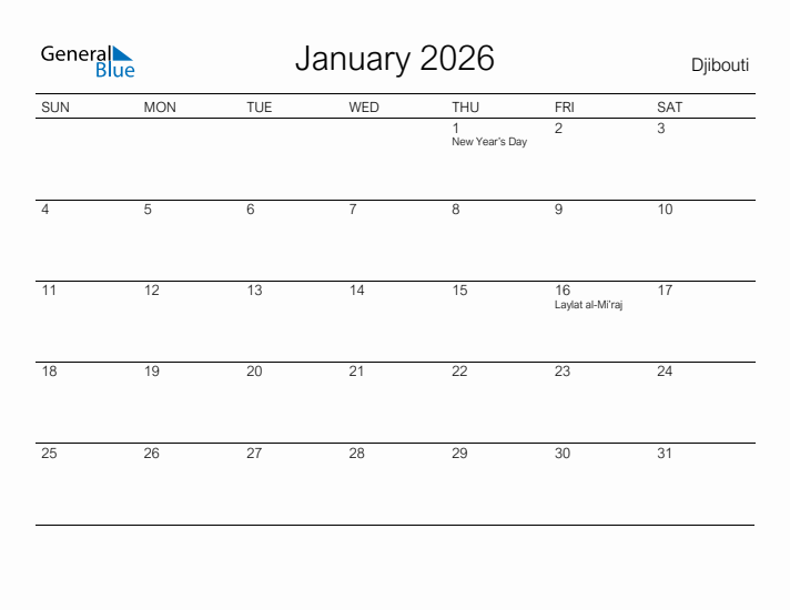 Printable January 2026 Calendar for Djibouti