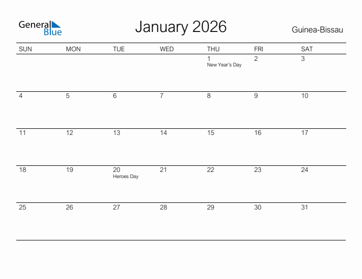 Printable January 2026 Calendar for Guinea-Bissau
