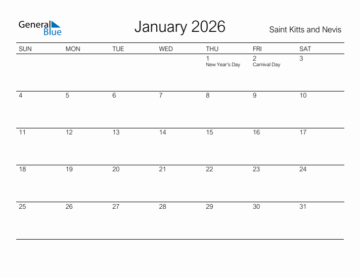 Printable January 2026 Calendar for Saint Kitts and Nevis