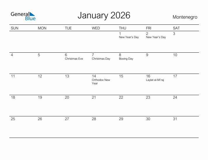 Printable January 2026 Calendar for Montenegro