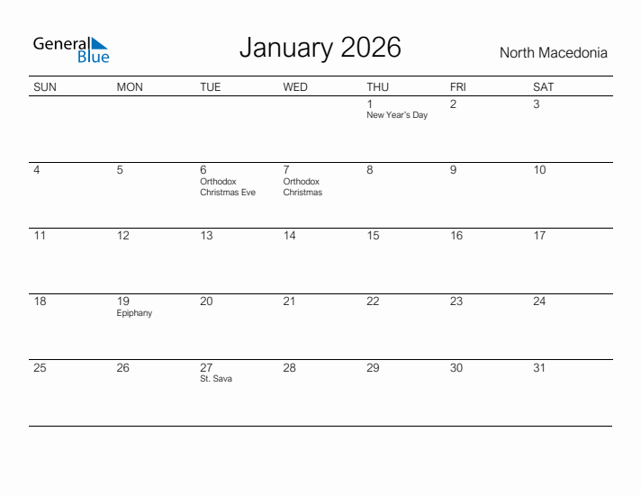 Printable January 2026 Calendar for North Macedonia