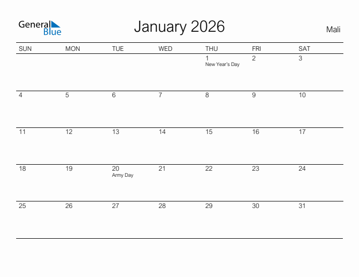 Printable January 2026 Calendar for Mali