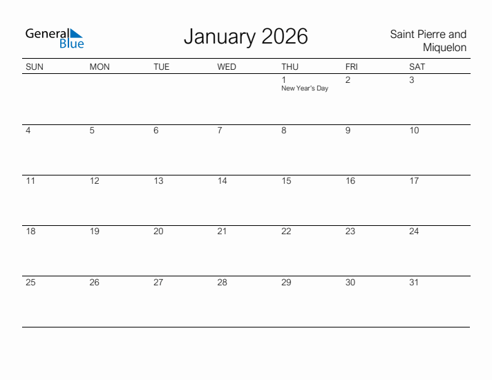 Printable January 2026 Calendar for Saint Pierre and Miquelon