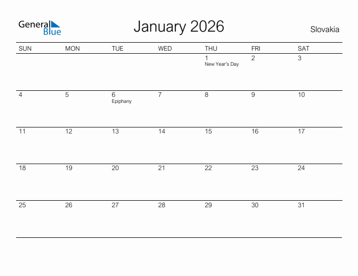 Printable January 2026 Calendar for Slovakia