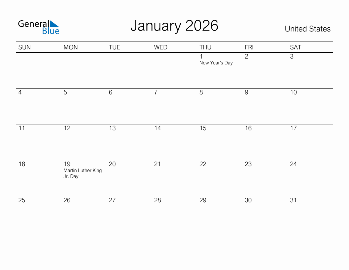 Printable January 2026 Monthly Calendar with Holidays for United States