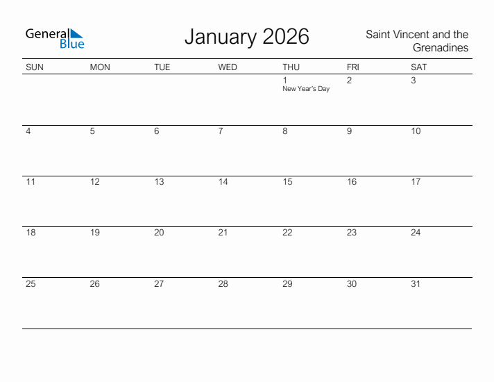 Printable January 2026 Calendar for Saint Vincent and the Grenadines