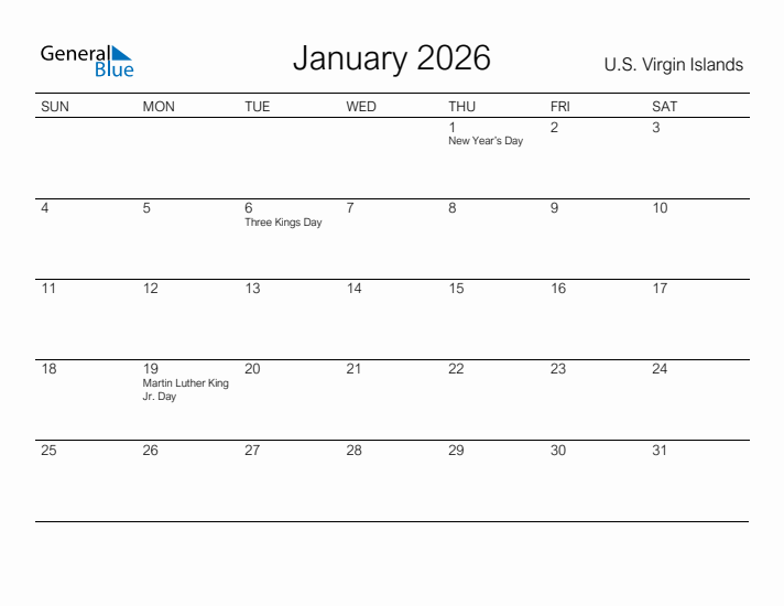 Printable January 2026 Calendar for U.S. Virgin Islands