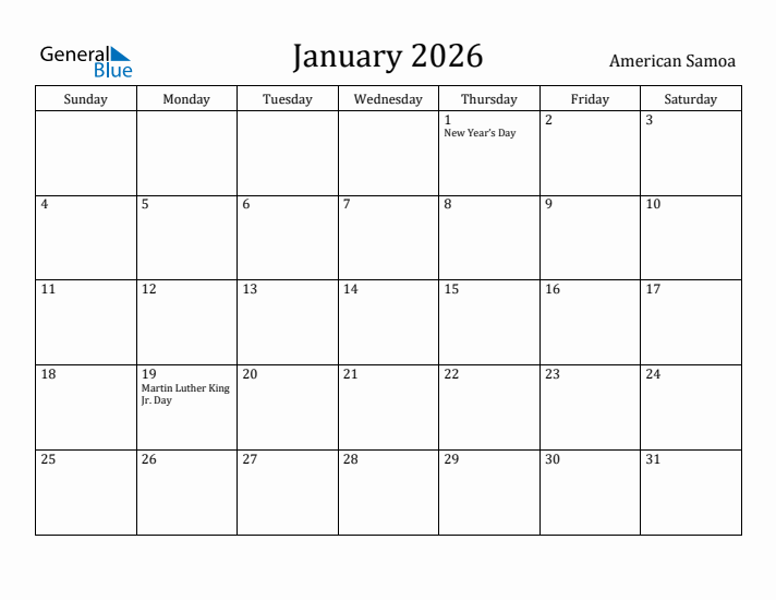 January 2026 Calendar American Samoa