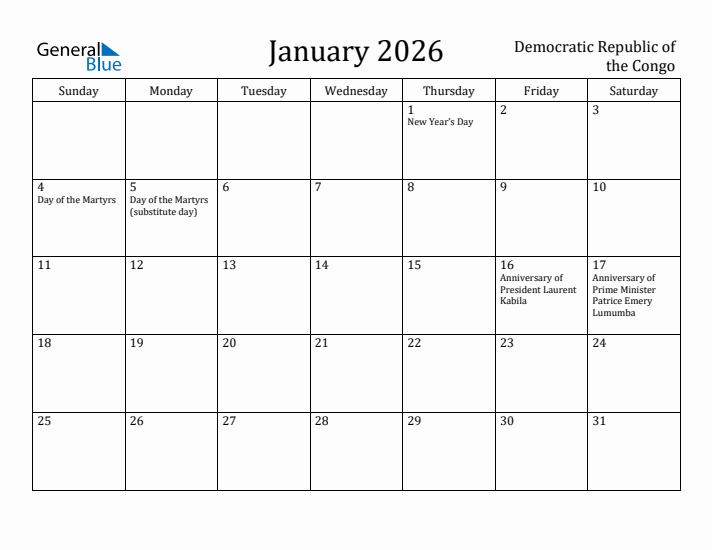 January 2026 Calendar Democratic Republic of the Congo