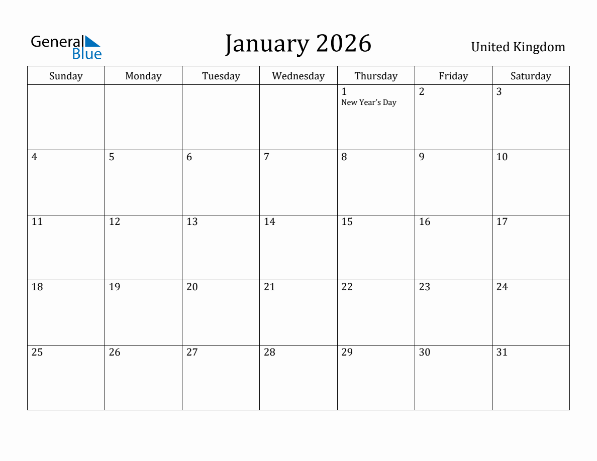 January 2026 monthly calendar with holidays in United Kingdom