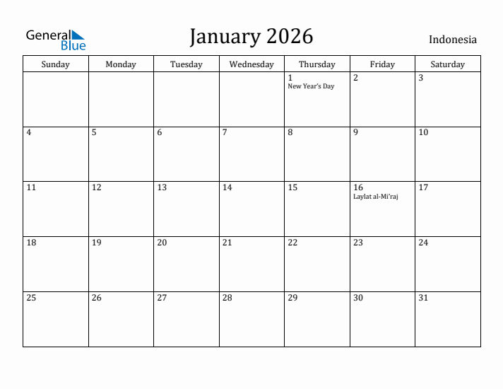 January 2026 Calendar Indonesia