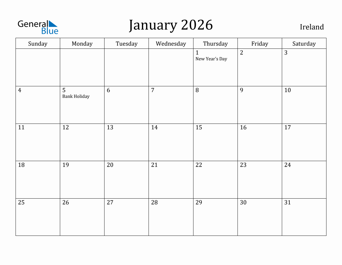 January 2026 monthly calendar with holidays in Ireland