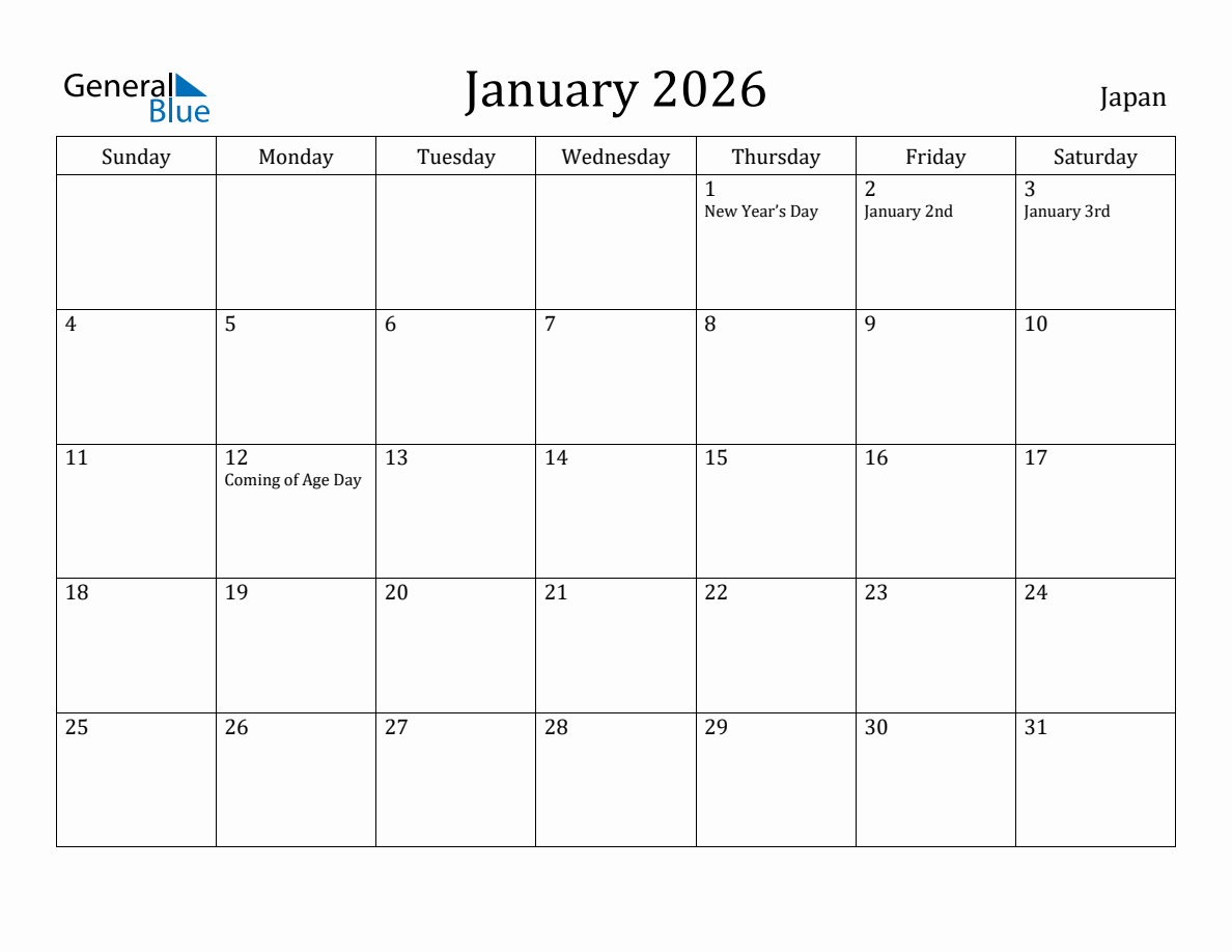 January 2026 monthly calendar with holidays in Japan