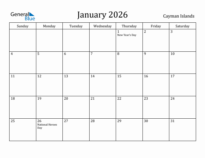 January 2026 Calendar Cayman Islands