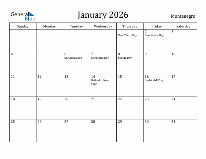 January 2026 Calendar Montenegro