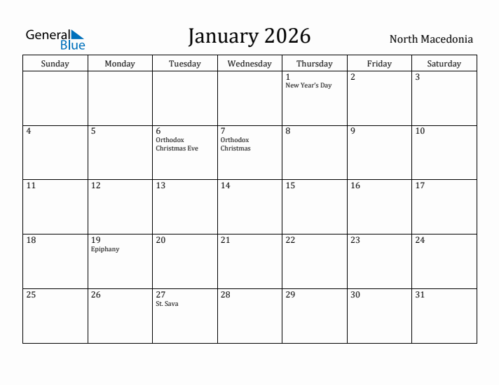 January 2026 Calendar North Macedonia