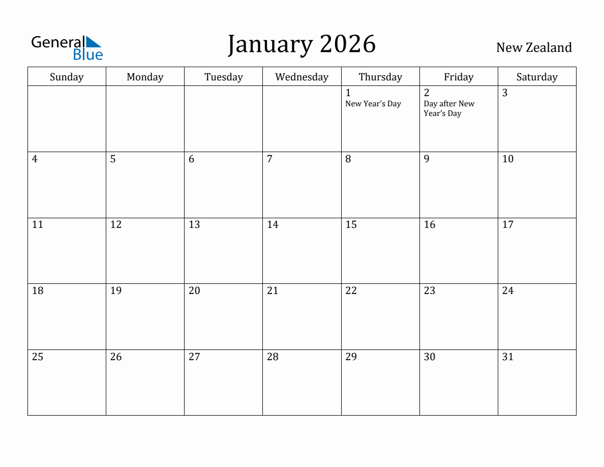 January 2026 monthly calendar with holidays in New Zealand