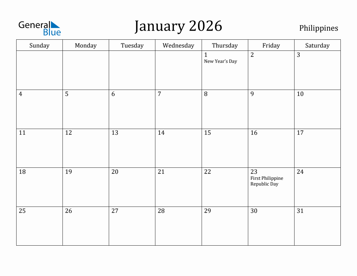 January 2026 monthly calendar with holidays in Philippines