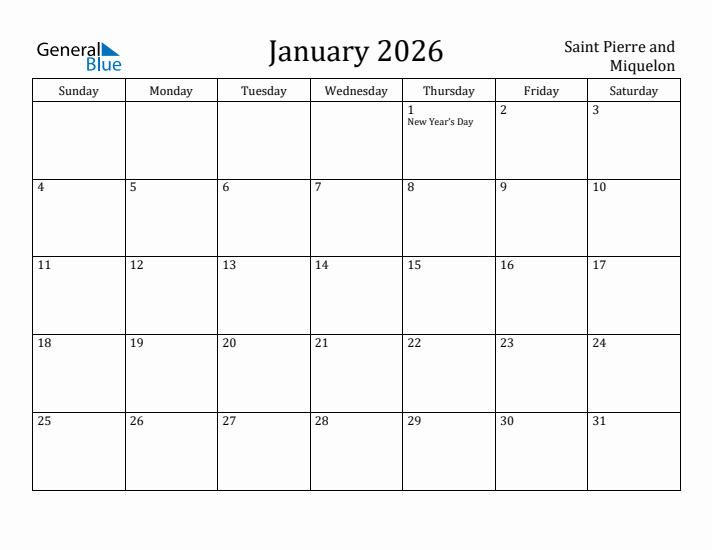 January 2026 Calendar Saint Pierre and Miquelon