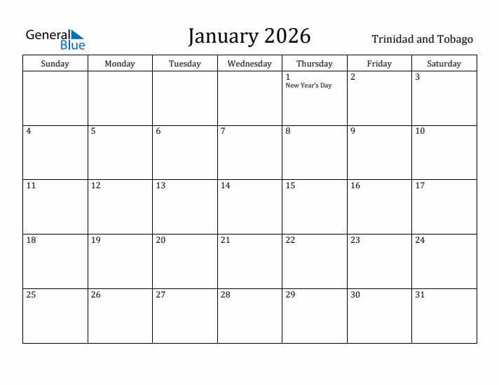 January 2026 Calendar Trinidad and Tobago
