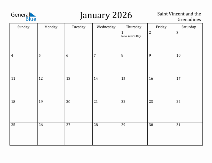 January 2026 Calendar Saint Vincent and the Grenadines