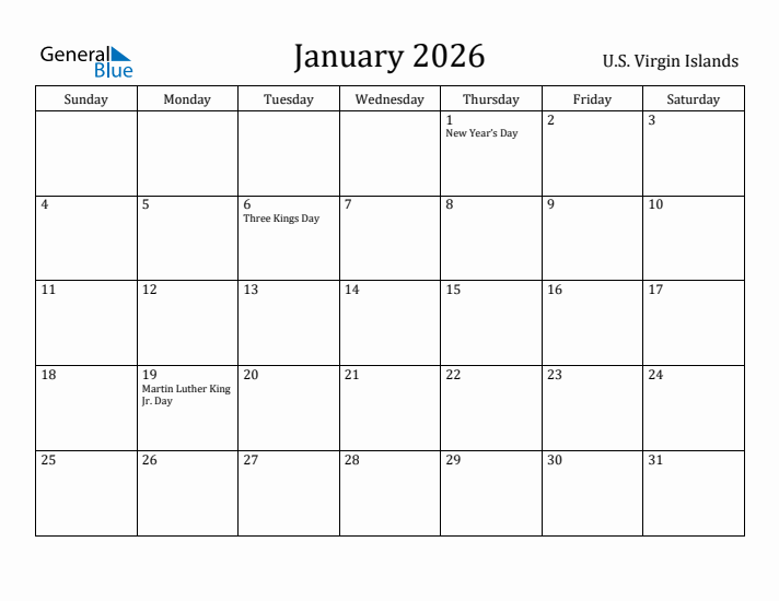 January 2026 Calendar U.S. Virgin Islands
