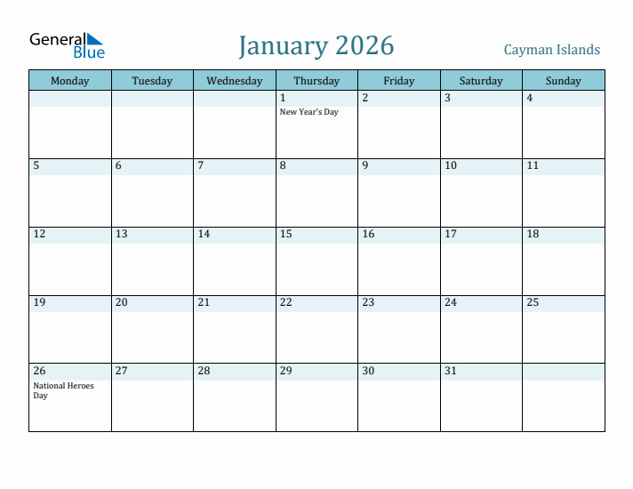 January 2026 Calendar with Holidays