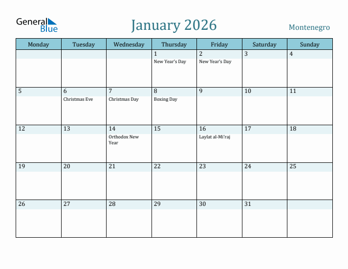 January 2026 Calendar with Holidays