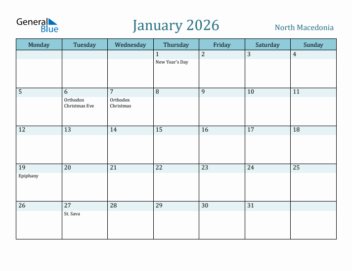 January 2026 Calendar with Holidays
