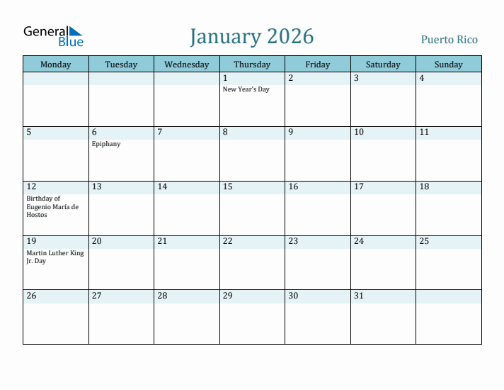 January 2026 Calendar with Holidays