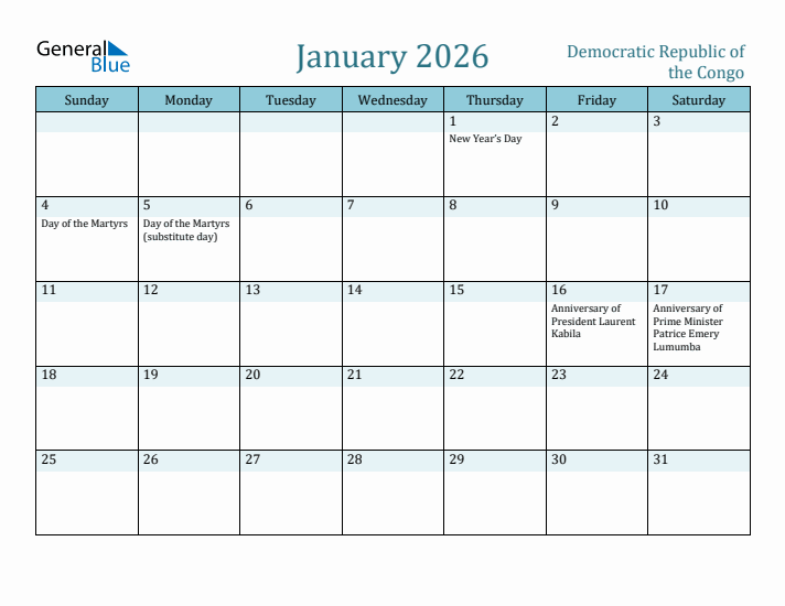January 2026 Calendar with Holidays