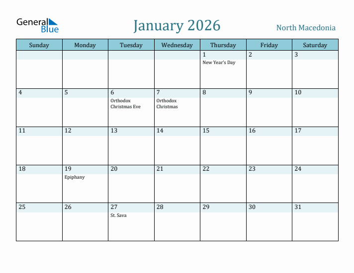 January 2026 Calendar with Holidays