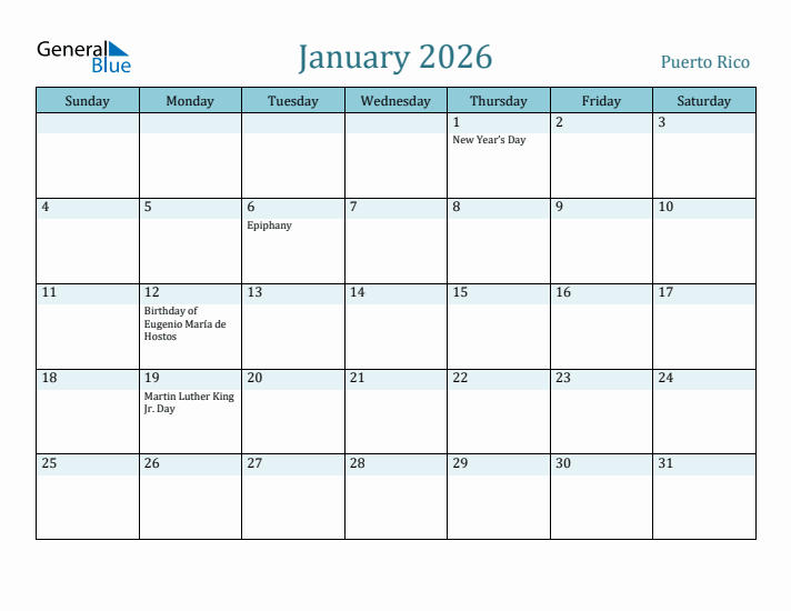 January 2026 Calendar with Holidays