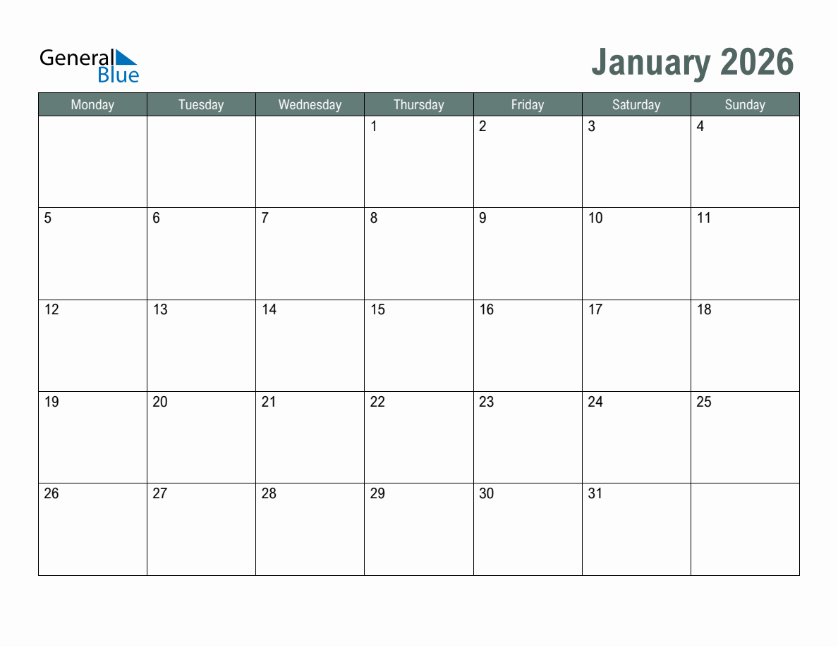 Blank January 2026 Monthly Calendar Template - Monday Start
