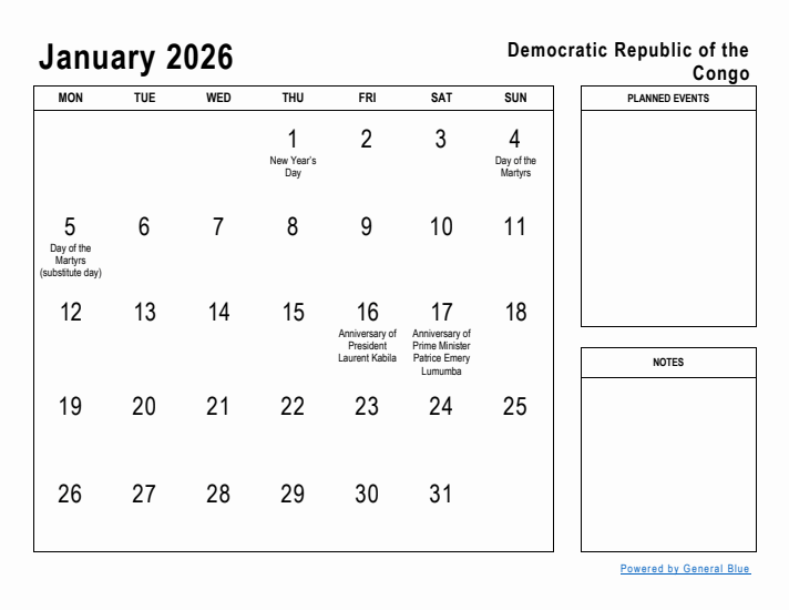 January 2026 Printable Monthly Calendar with Democratic Republic of the Congo Holidays