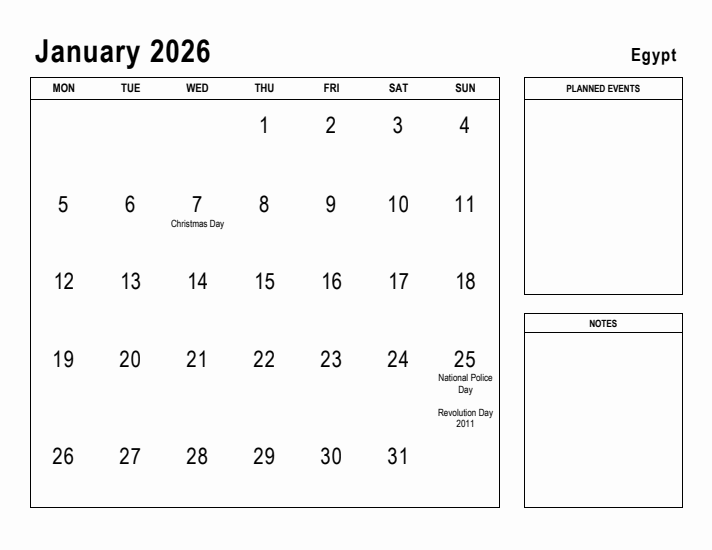 January 2026 Printable Monthly Calendar with Egypt Holidays