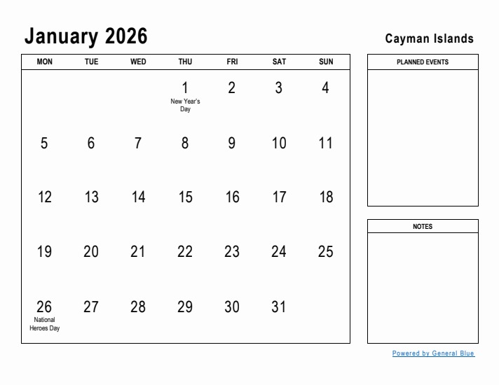 January 2026 Printable Monthly Calendar with Cayman Islands Holidays