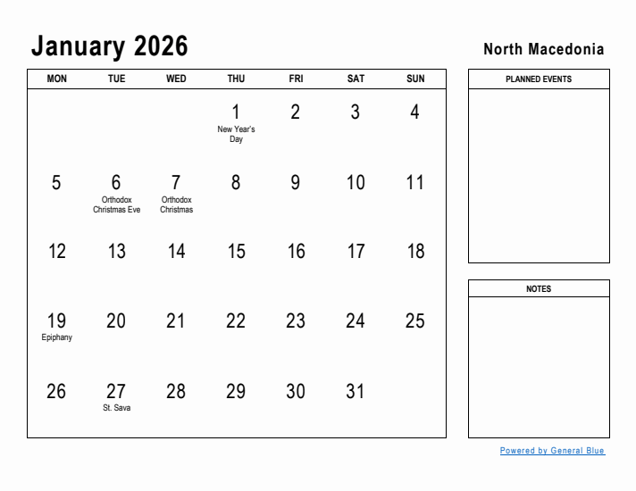 January 2026 Printable Monthly Calendar with North Macedonia Holidays